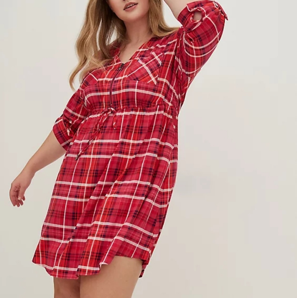Torrid Plaid Zip Front Stretch Challis Shirt Dress Red 1X